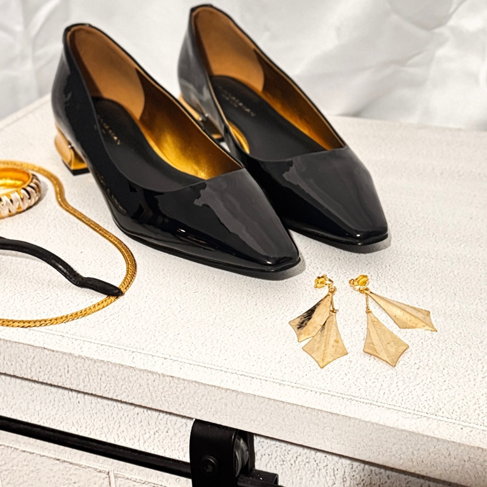 Anne Klein Black Patent Flats with Gold Accents